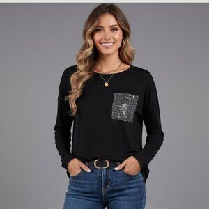 Black Drop Sleeve T-shirt Featuring Contrasting Sequin Pocket Detail